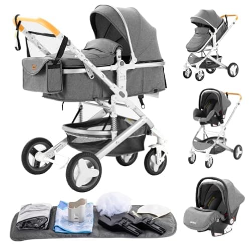 YAZOCO 3 in 1 Prams Travel System, Foldable Lightweight Baby Stroller, Adjustable Handle, Aluminum Frame for Newborn 0-4 Years Changing Bag (530 Grey)
