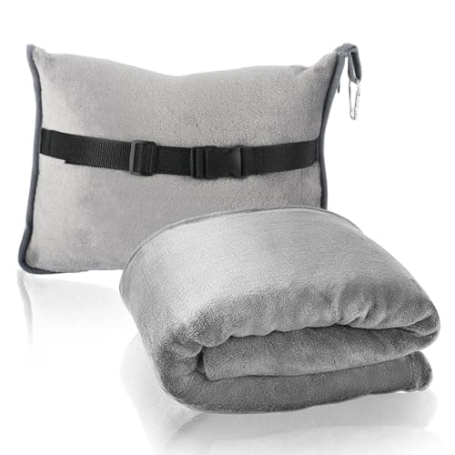 Eulihent Travel Blanket and Pillow 2 in 1 Airplane Blanket Ultralight Compact Foldable Soft Flannel Blanket with Luggage Belt and Backpack Clip for Long Flights, Camping, Car, Business Trips (Grey)