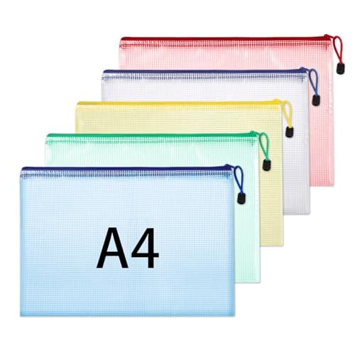 A4 Plastic Wallets, 5 Pack Zip Lock Bags Mesh Document Wallet File Folders