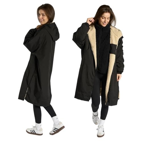 OHS Rain Coats for Women Men, Oversized Waterproof Jacket Fleece Lining Changing Robe with Hood & Pockets Lightweight Ladies Raincoat Drying Robe for Outdoor Travel, Black/Beige - L/XL