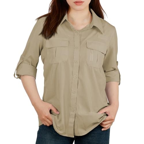 BSBUY Women's UPF 50 Shirts Ladies Safari Sun Shirts Quick Dry Fishing Hiking Shirts Lightweight Outdoor Tops Button Up Outfits Blouses with Pockets Long Sleeve UV Protection Shirt Blouses(L)