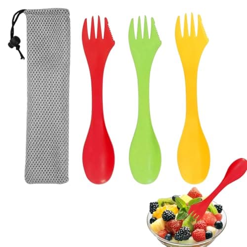 Watlikeup 3pcs Sporks Plastic 3-in-1 Camping Cutlery Set, Portable Camping Spork, Spoon Fork with Carry Pouch for Backpacking Hiking Outdoors, Travel (3 Pack, Multiple Colors)