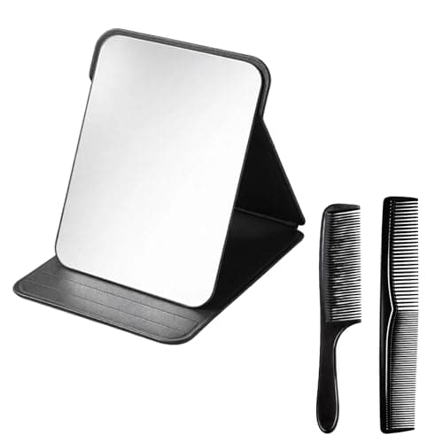 KxrTpx Small Mirror on Stand, Travel Mirror Folding Design, Portable for Personal Grooming, Lightweight Face with Three Piece Comb Set, Compact 20 x 15 cm Dimensions