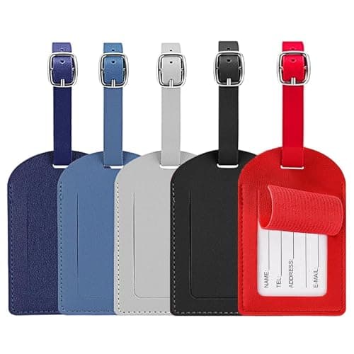 5 Pack Luggage Labels, Leather Luggage Tags for Suitcases with ID Card, Privacy Cover Name Address Tags for Luggage, Durable Suitcase Identifier for Airport Business Cruise, Adjustable Strap