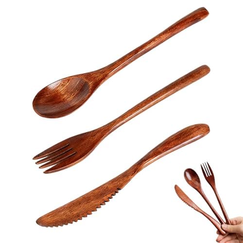 3 Piece Bamboo Travel Cutlery Set Reusable Wooden Spoon Fork Knife with Portable Canvas Pouch Eco Friendly Lightweight Camping Utensils for Lunch Work School Picnic Zero Waste Dishwasher Safe Flatware