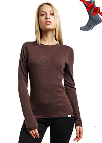 100% Merino Wool Base Layer Womens - Long Sleeve Thermal Shirts + Socks (Large, Chocolate 250)