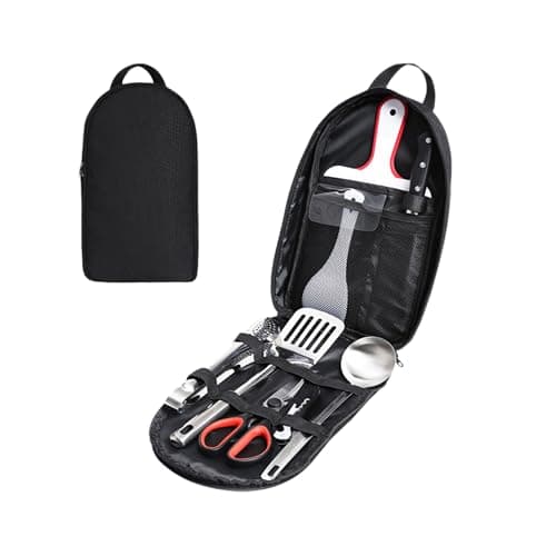 BRAVECOW Portable Cookware Utensils 9Pcs Outdoor Camping Cookware Set Barbecue Stainless Steel Picnic Tableware Simple Kitchen with Organizer Bag Travel Camping Cooking Accessories