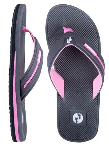 Two Bare Feet Women's Flip Flops – Comfortable Lightweight Beach Sandals, Non-Slip Sole, Waterproof Summer Sliders – Perfect for Holiday, Pool & Casual Wear (Voyage (Grey/Light Pink), 7)