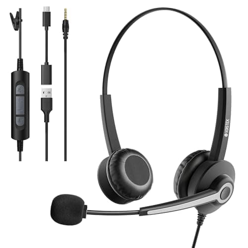 Voistek USB Headset with Microphone for Laptop,PC Headphones with 3.5mm Plug,Detachable USB-A Cable & Type-C Adapter,Noise Cancelling Mic,In-Line Volume Control,Mute Button for Teams Zoom,Home Office