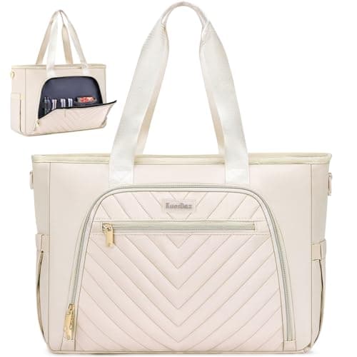 Kuosdaz Teacher Tote Bag for Women 15.6in Laptop Bag Work Bag Nurse Bag, Professional Briefcase Computer Purse Handbag, Large Utility Tote Messenger Shoulder Bag, Beige
