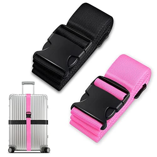Luggage Suitcase Straps Set, Travel Accessories Thickened Luggage Belt with Quick Release Buckle, Adjustable Black Travel Luggage Straps for Suitcase Baggage (Black+Pink, 2 PCS Set)