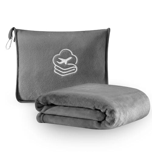 JAJALUYA Travel Blanket, Soft 2-in-1 Airplane Blanket, 65x40 Inches, Travel Essentials Car Blanket with Luggage Sleeve & Backpack Clip (Light Grey)