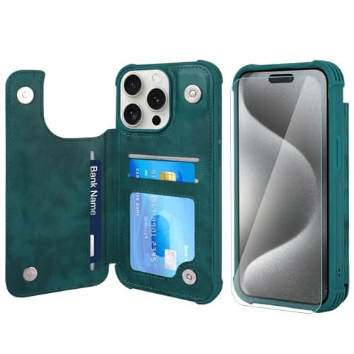VANAVAGY Fit Car Mount Wallet Case for iPhone 15 Pro Max,Midnight Green