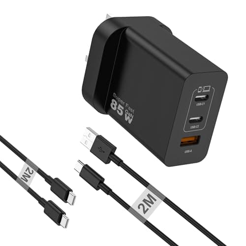 USB C Plug Fast Charge, 85W 3-Port GaN Fast Charging Plug with USB C to C & USB to USB C Cable 2M, Multiport PD Type C Charger Plug for MacBook Pro/iPhone 17 16 15 Pro Max/iPad/Samsung Galaxy,Black