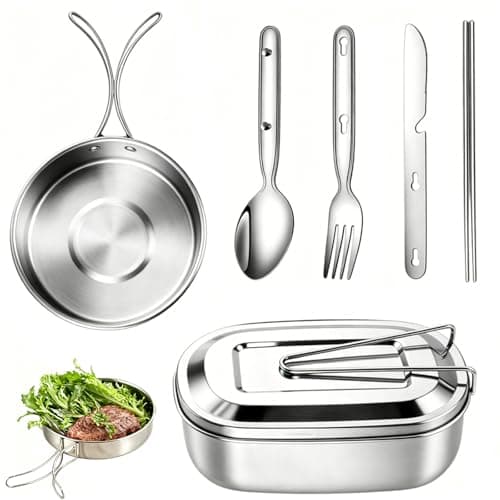 Mess Tins For Camping, 6 pieces Camping Cooking Set Stainless Steel Camping Pan Set - Foldable Outdoor Cookware Set Withcamping Frying Pan, Mess Tin, Cutlery - Ideal for Outdoor Adventures