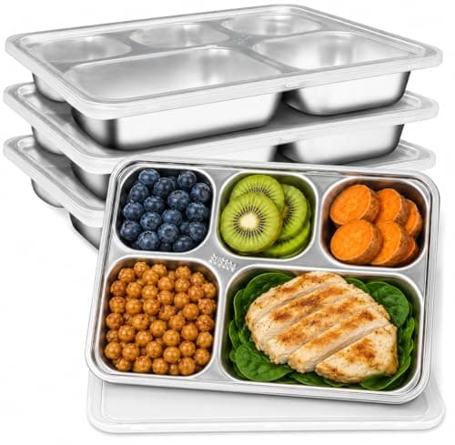 4 Pack Stainless Steel Divided Plates with Lids, 5 Compartments Lunch Boxes