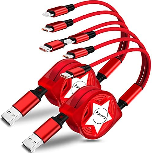 Amuvec 2 Pack 3 in 1 Retractable Charger Cable, 3A Fast Charge Red Cord 1M