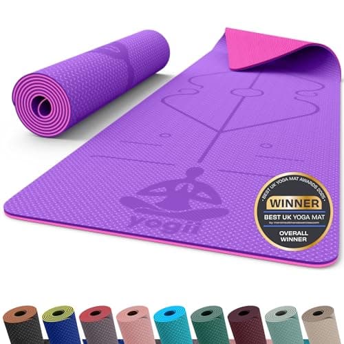 Yogii Yoga Mat - Non-Slip 6mm Thick TPE & Travel-friendly Yoga Mat - Perfect for Home & Gym Exercise Fitness & Pilates - With Laser Alignment Guides (Purple/Pink) for Men & Women