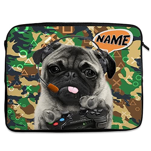 Personalised Gamer Tablet Sleeve Laptop Case Boys iPad Zip Pouch Protective Carry Travel Bag Pug Dog Birthday Gift PUG CAMER CAMO (Large 14" – 15.6")