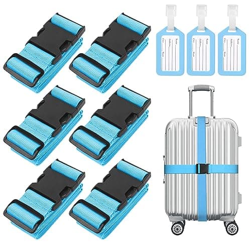 Flintronic 6 Pcs Luggage Straps with Luggage Tags, Adjustable Packing Belts for Suitcases Security Non-Slip Travel Belt Travel Accessories(Blue)
