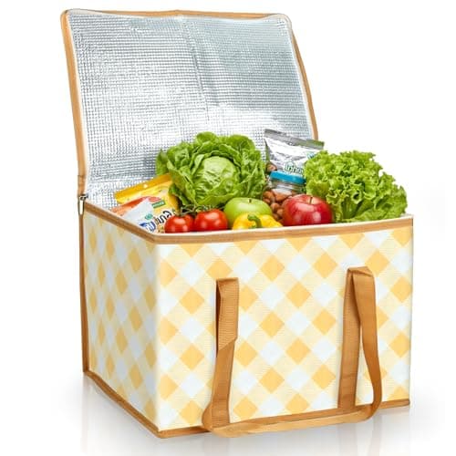 Beautyshow Cool Bag, 40L Large Insulated Bag, Reusable Grocery Shopping Bags with Classic Gingham Design, Foldable Thermal Food Delivery Bags Soft Cooler for Picnic, BBQ, Camping, Beach, Travel, Auto