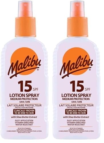 Malibu Sun SPF 15 Lotion Spray, Medium Protection Sun Cream, Water Resistant, Vitamin Enriched, 200ml (Pack of 2)