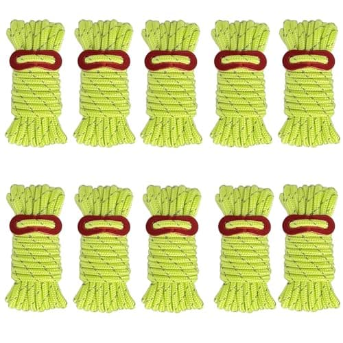 Guy Ropes, Tent Guy Ropes and Lines, 10 Pieces of Nylon with Fluorescent Green Colour, Camping Rope and Guide 4mm Diameter and 4 Metre Length Per Rope, Nylon Cord for Outdoor Use