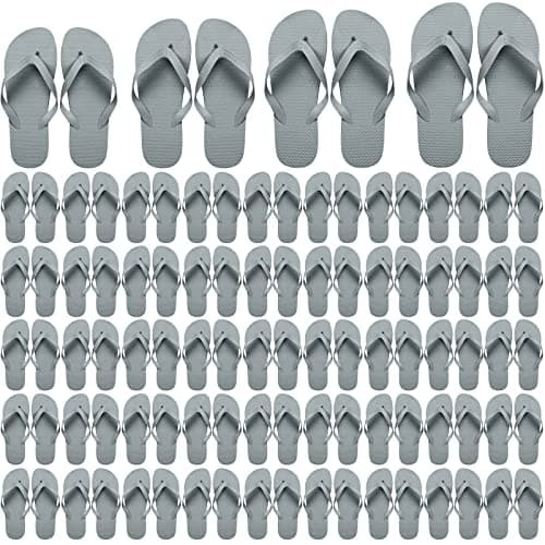 Haysandy 50 Pairs Flip Flops Bulk, Slim Flip Flop Sandal with Narrow Strap, Non Slip Flop Sandal for Women Men Guests Pack Casual Slippers for Beach Wedding Pool Party, Silver Gray, One Size