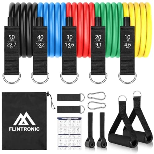 Flintronic Resistance Bands Set, TPE Elastic Bands With 5 Fitness Tubes, 2 Foam Handles, 2 Ankle Straps, 2 Door Anchor, 2 Carabiner, for Strength Training Fitness Pilates Yoga (Multicolor)