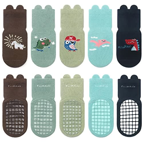 FedMois 5 Pairs Baby Kids Anti-slip Socks Cotton non skid Ankle Socks Animals, Dinosaur, 1-3 Years