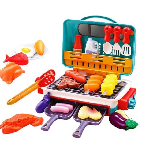 Kids BBQ Grill Toys Set, Kids Pretend Kitchen Role Play Set, Kitchen Toy Set with Spray Sound & Color-Changing Food 30+ PCS Play Kitchen Accessories,Simulation Camping Cooking Interactive Toys (Pink)