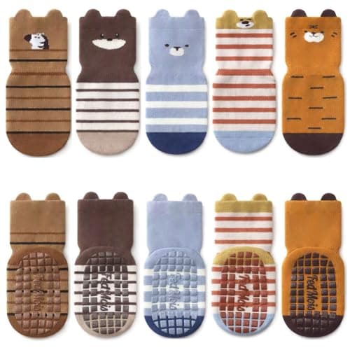 FedMois 5 Pairs Baby Kids Anti-slip Socks Cotton non skid Ankle Socks Animals, Zebra, 1-3 years