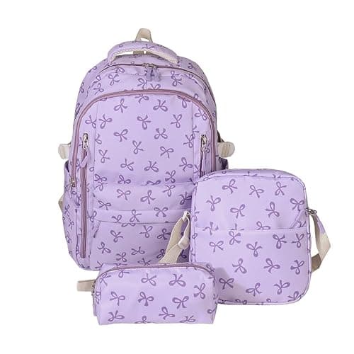 WMFASBAG 3Pcs Canvas Bow Print Students Bookbags Sets with Lunch Box and Pencil Case Travel Daypack Bag Large Capacity for Teens Girls Women College Outdoor