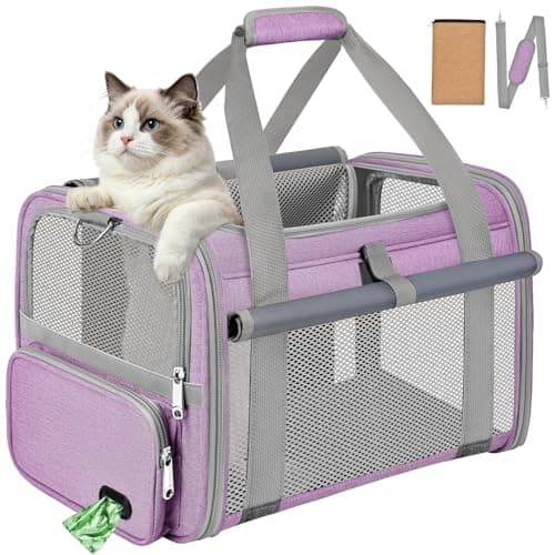 BTNEEU Soft Sided Cat Carrier Bag Airline Approved Large Pet Carrier Portable Dog Carrier Ventilated Foldable Pet Travel Carriers Bag For Cats/Small Dog With Shoulder Strap & Washable Mat (Purple)
