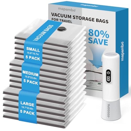 Mapambo Vacuum Storage Bags for Travel with Electric Pump -60000Pa, 15 Pack Vacuum Pack Bags for Clothes in 3 Combo Sizes, Save 80% Space for Travel Luggage & Home Organization