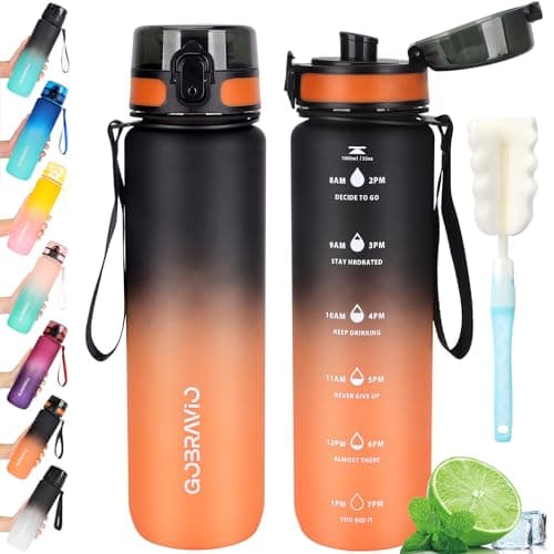 Gobravio Water Bottle 1L BPA Free Sports Drink Bottle Dishwasher Safe Canteen Bottle Leakproof Motivational Water Bottle with Time Markings