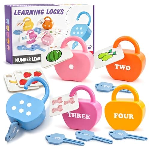 GEERAY Cause and Effect Toys for Toddlers 3+, Montessori Lock & Key Set with 5 Apple-Shaped Locks, Keys & 10 Cards – Learn Numbers, Colors & Motor Skills STEM Toy Gift for Home & Classroom