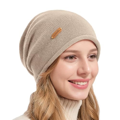 ACUSHLA 100% Merino Wool Slouchy Beanie, Knit Hat Unisex, Light Beige