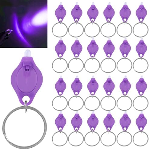 MODOAO Mini LED Keychain Flashlight, 24 Pack Portable Ultra Bright Battery Powered UV Torch with Key Ring, for PET Urine Passport ID Card Currency and Emergency Lighting, Purple Shell