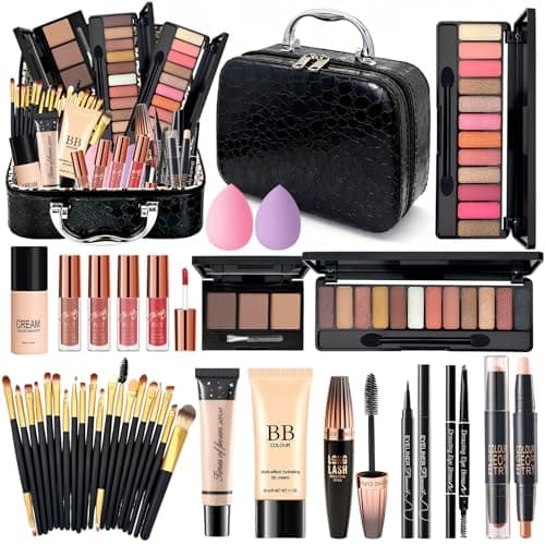 Makeup Set with Travel Bag, All in One Make Up Starter Kit for Teenage Girls, Makeup Gift Set for Women, Makeup Bundle Includes Primer BB Cream Foundation Eyeliner Mascara Eyeshadow Palette Lip Gloss