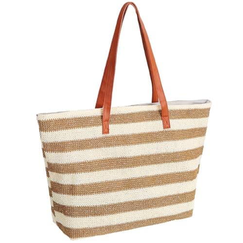 Chuboir Large Straw Shopping Tote Bags, Reusable Eco Grocery Tote Bags with Zipper, Bohemian Woven Beach Bag for Women Daily Shopping Travel Gym Holiday Picnic