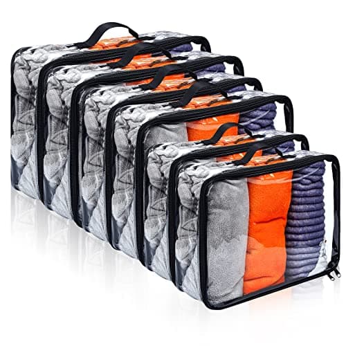 Hillban 6 Pcs Large Clear Packing Cubes for Travel, 3 Sizes PVC Bags, Black, L