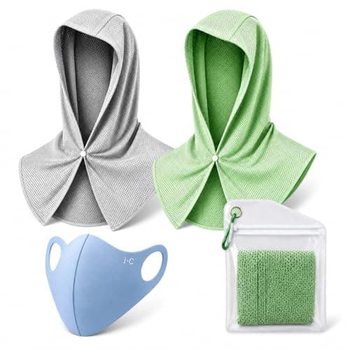 Cooling Hoodie Towel UPF 50 Sun Protection Neck Gaiter, 2 Pack Breathable UV Head Scarf with Cooling Face Mask, Storage Bag & Carabiner, Quick Dry Cooling Hood for Fishing Hiking Cycling Outdoor