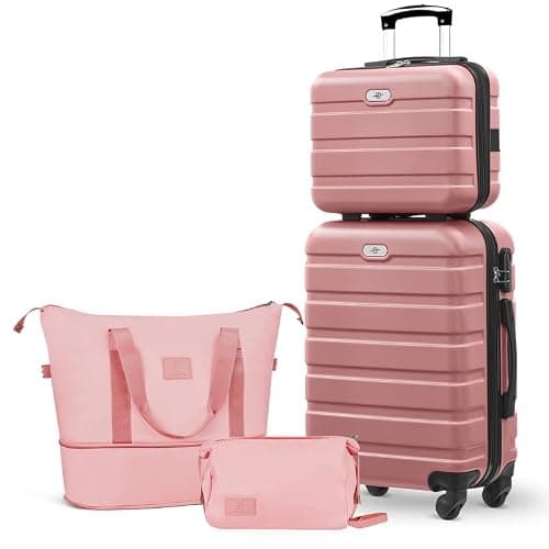 Suitour Carry On Luggage Set 22x14x9 Airline Approved Luggage Sets 4 Piece, ABS Hardside 20inch Suitcase with 360°Spinner Wheels Lightweight Travel Suitcase Sets, Rose Gold, 4-Piece Set(20+Bags+Makeup