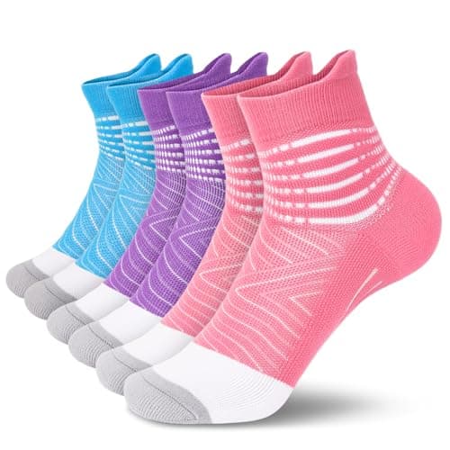 IRAMY Compression Ankle Support Running Socks for Women Men Trainer Wicking 3 Pairs Athletic Cushioned Plantar Fasciitis Socks Pink+Purple+Light Blue M