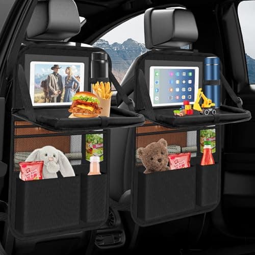 Oneyus 2 Pack Car Seat Organiser with Folding Table, Car Organiser Back Seat for Kids, Waterproof Car Storage for Keeping Car Tidy, Kick Protector, Tablet Storage Pockets (Black)
