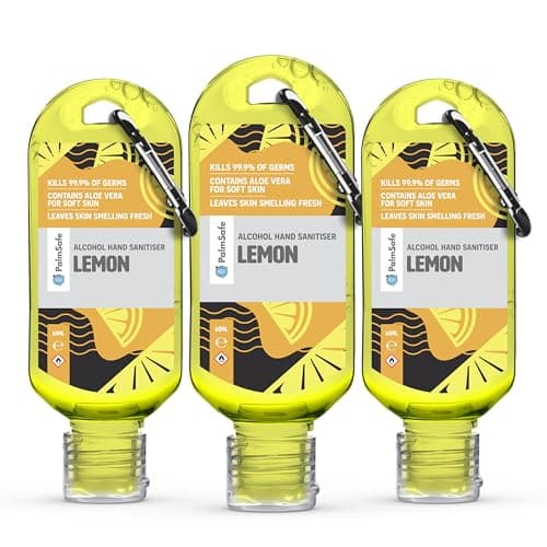 Palm Safe Lemon 3 Pack 60ml Anti Bacterial Premium Hand Sanitiser Travel Size Refillable Clip Bottle Quick Drying Non Sticky Extra Moisturising Kills 99.9% of Viruses and Bacteria