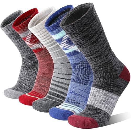 Welwoos Merino Wool Walking Hiking Socks for Women Men Thermal Winter Warm Cosy Crew Work Gift Socks Stocking Fillers 5 Pairs(Mixed, 3-7)