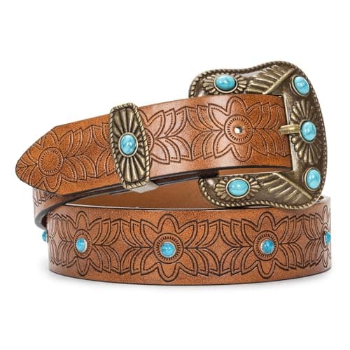 Vikodah Western-Leather-Belts for Women Turquoise-Oval-Buckle Embossed Cowgirl Belt for Jeans Pants