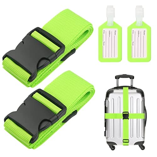 2PCS Luggage Straps and 2pcs Luggage Tags Adjustable Travel Luggage Belts Nylon Packaging Bag Buckle Belt Suitcase Straps for Suitcase, Bag, Boxes (Green)